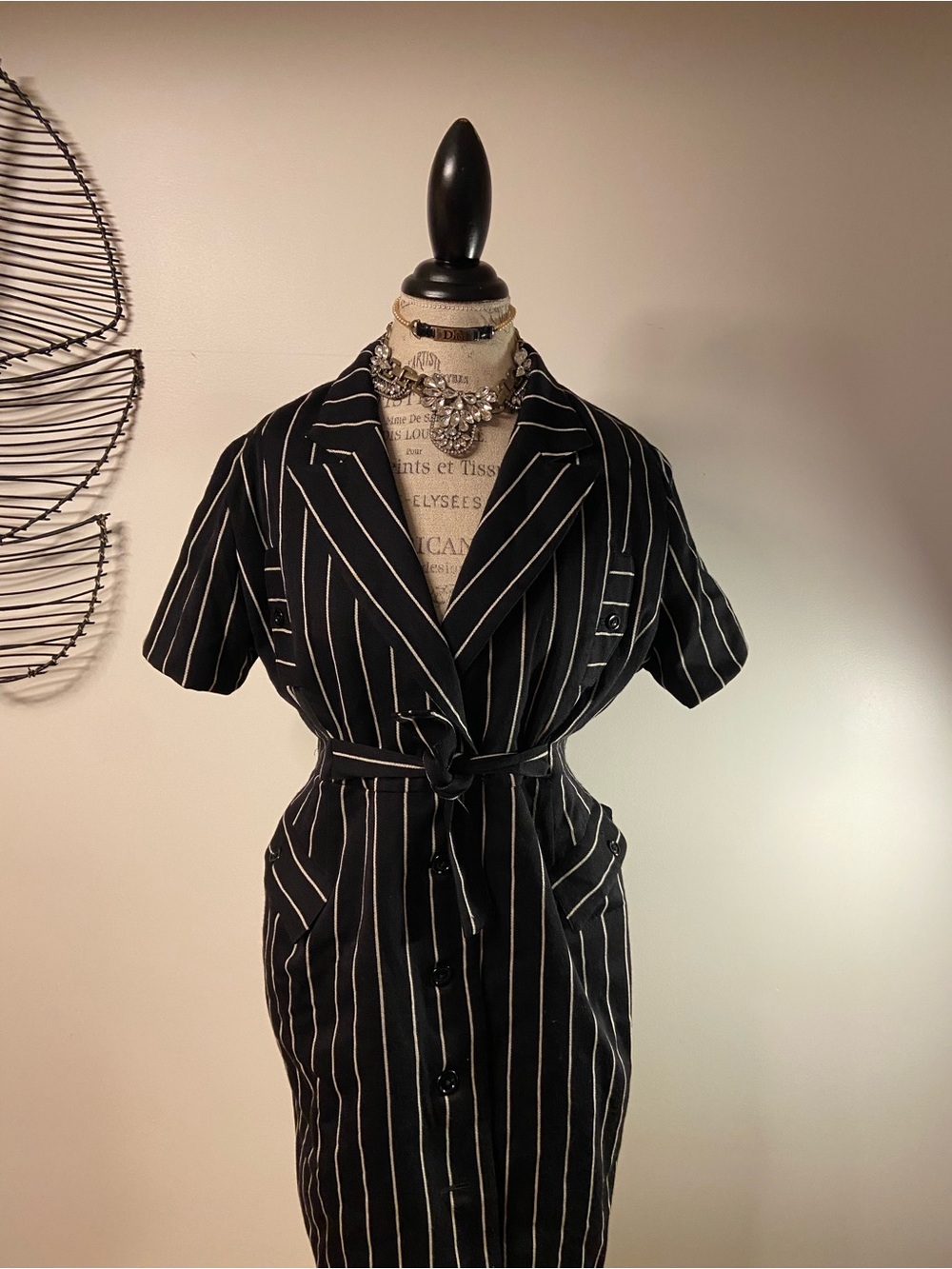 1980’s Vintage Striped Black Belted Shirt Dress with shoulder pads